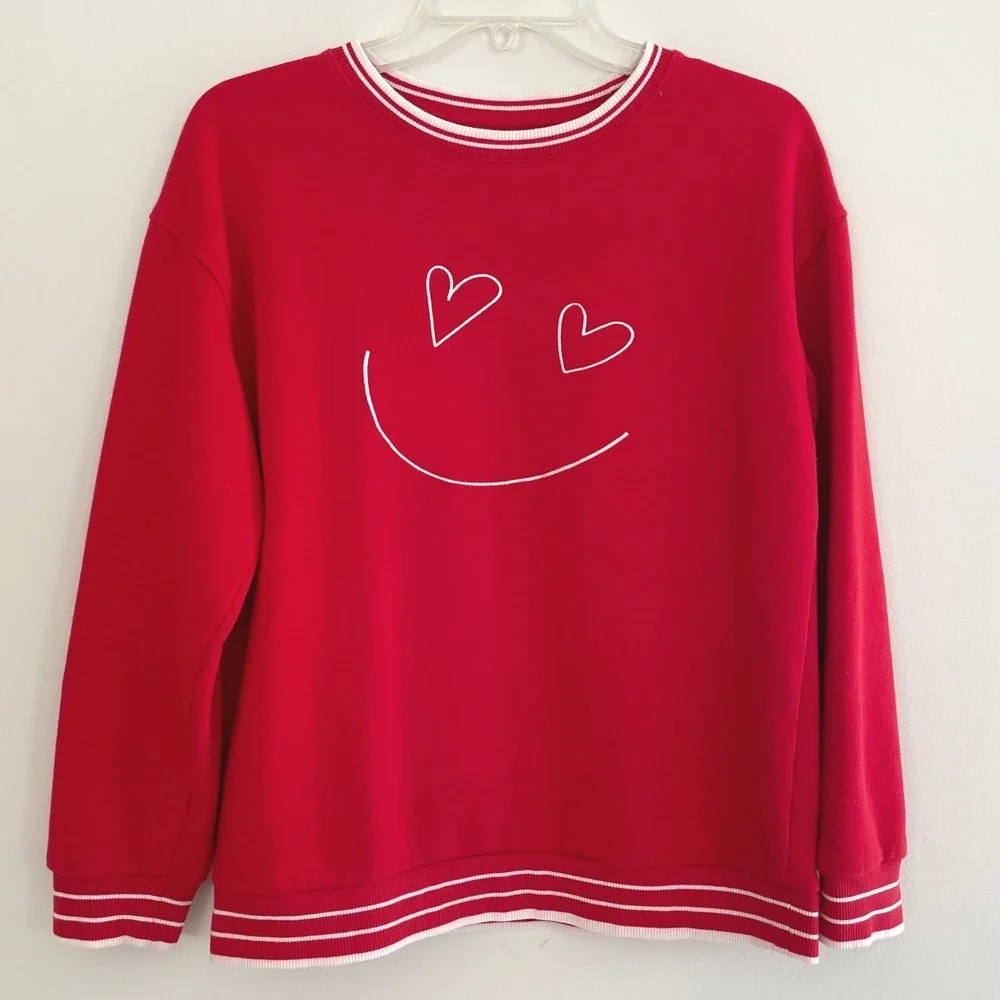 Cat & Jack‎ Red Heart Eye Smiley Face Sweatshirt XL 14 Varsity Stripe Pullover